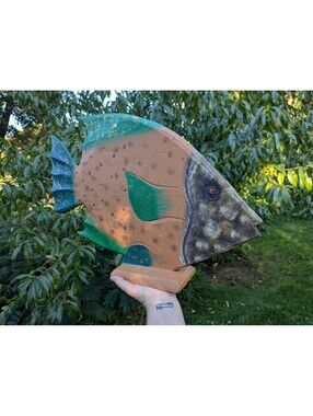 Pair of funky hand painted wooden fish, eclectic vintage aquatic maximalism